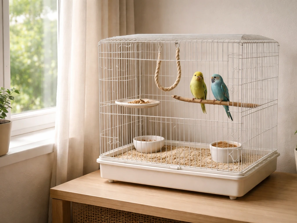 Birdcage placed in soft indoor shade, away from drafts, showing a calmer improved routine setup.