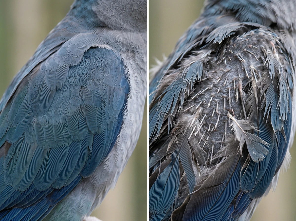 Feathers showing normal preening versus abnormal plucking areas