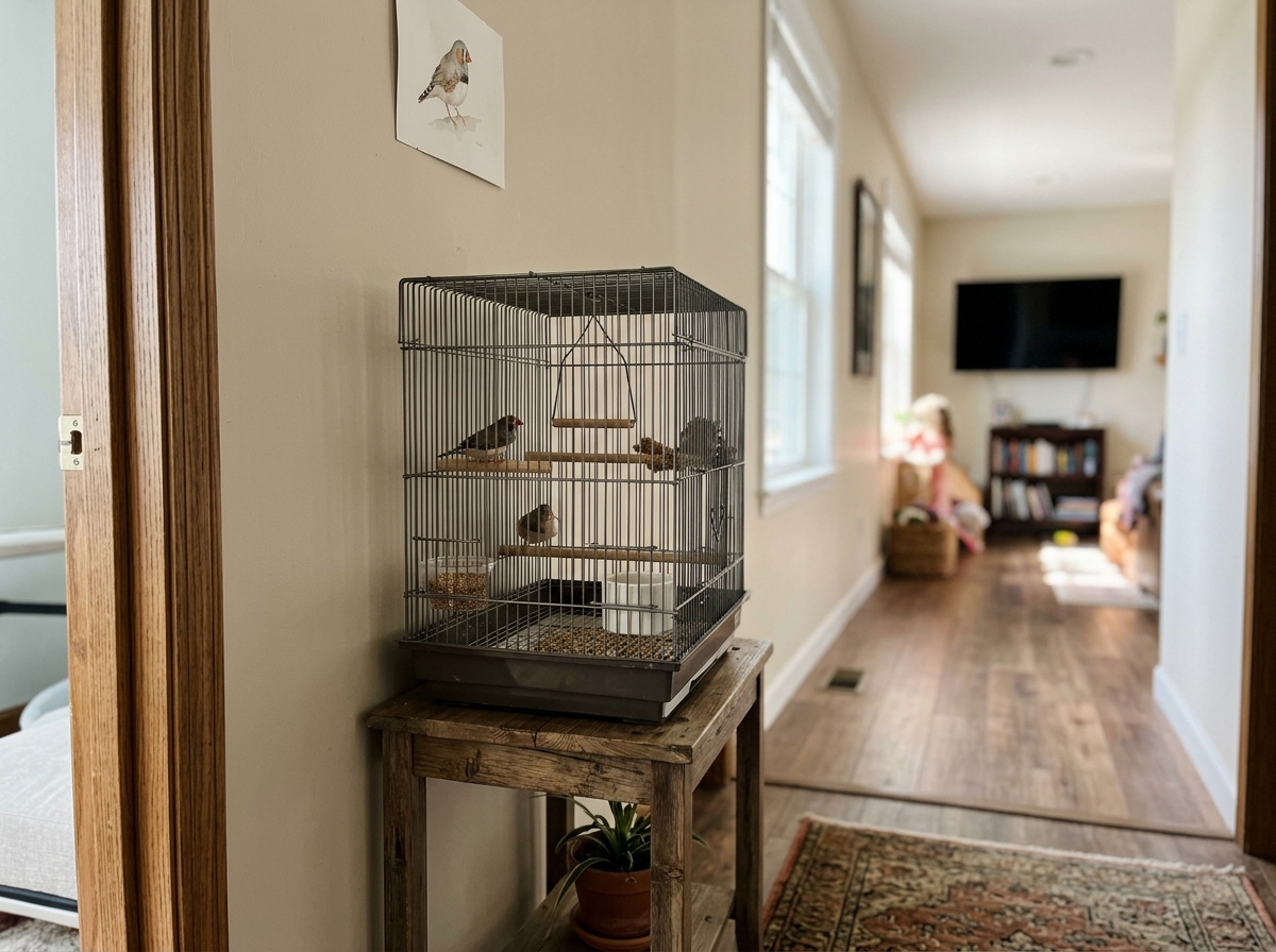 Bird with cage moved away from loud, high-traffic area