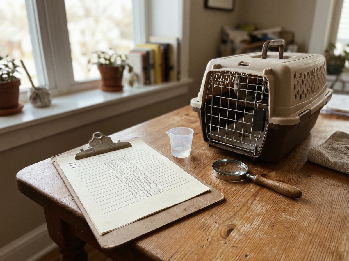 Avian vet tools and an observation log ready for an exam