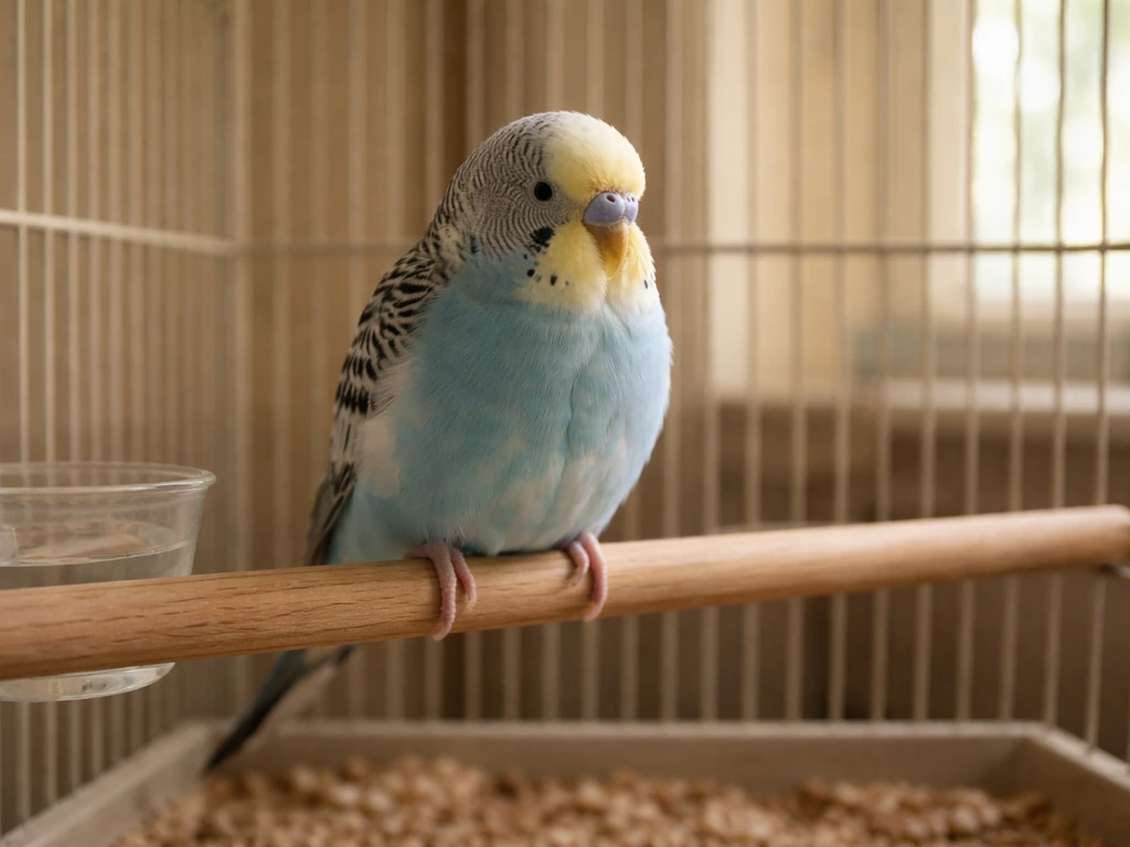 Pet bird perched on a calm perch, subtle stressed posture cues visible in a quiet home setting.