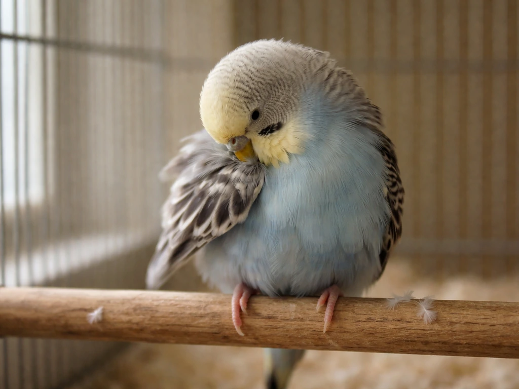 Close-up of a pet bird fluffed feathers and grooming itself, suggesting stress behavior.