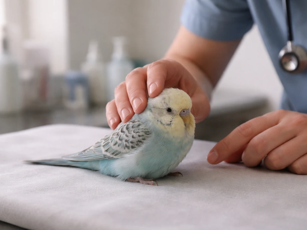 Small pet bird on a vet table with fluffed feathers and drooped posture during a calm exam.