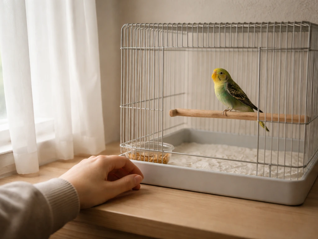 Person gently sits near a calm pet bird in a quiet room, simple cage setup with soft light