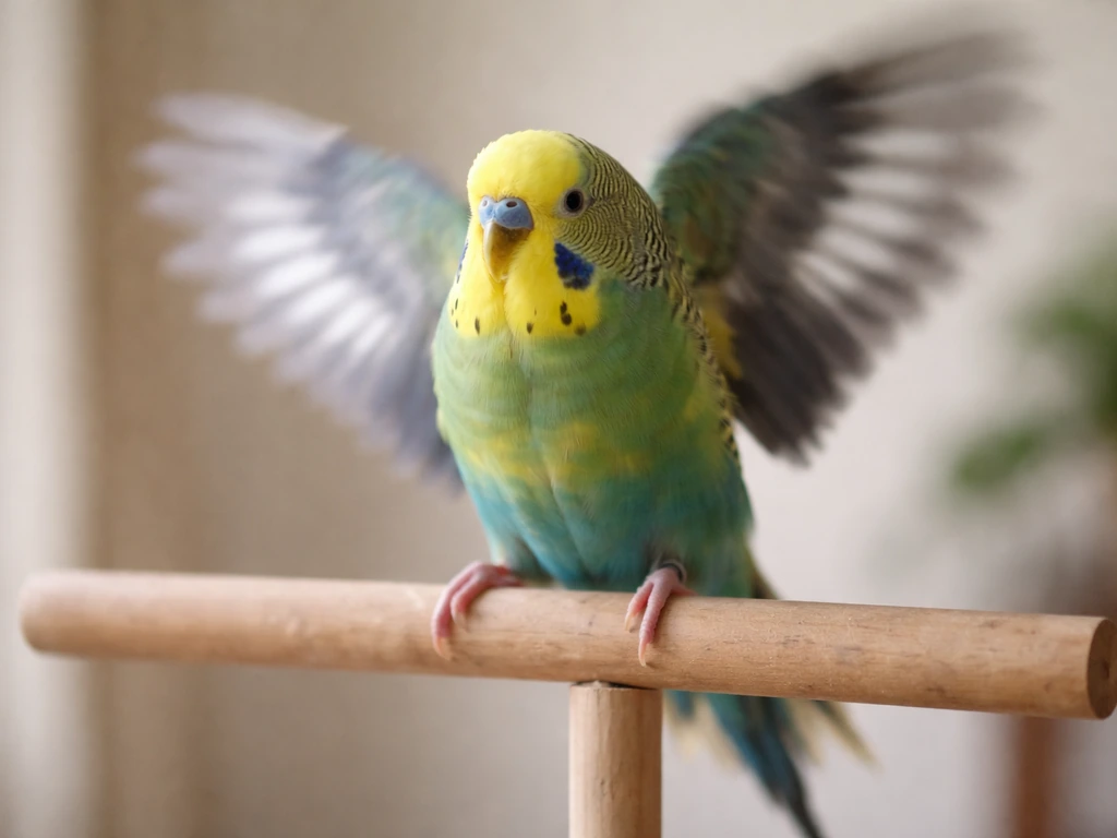 Small pet bird flapping wings while perched on a wooden dowel, not taking off, neutral background.