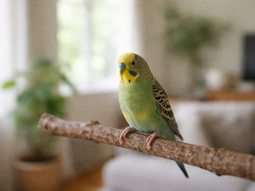 A person watches a pet bird perched on a branch from a safe distance, without touching it.
