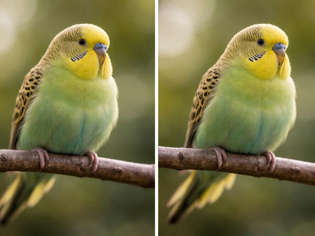 Close-up of a small bird on a perch showing gentle breathing and tail pumping in two adjacent frames.