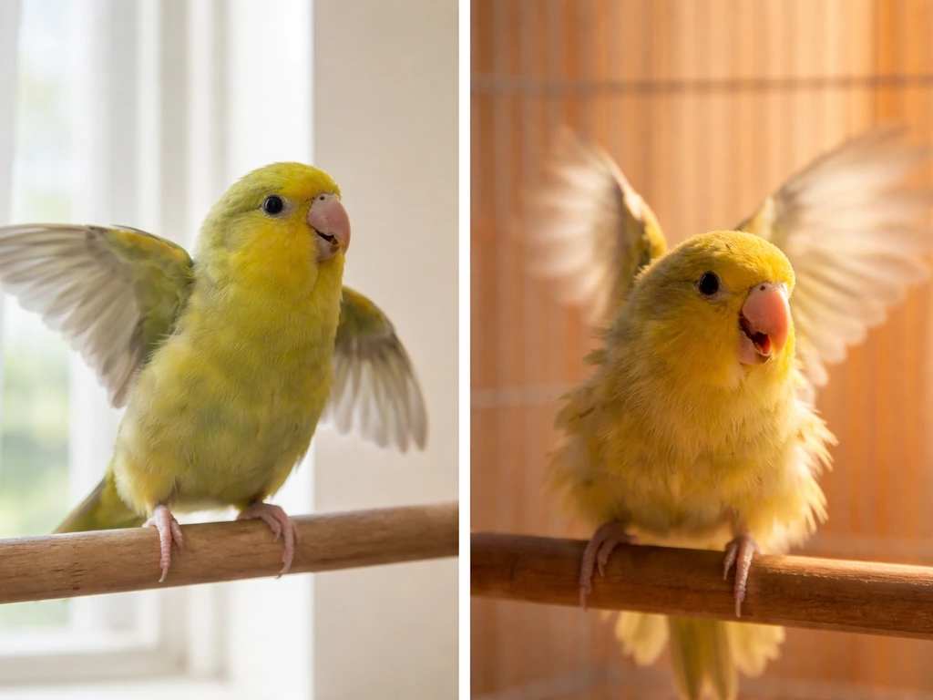 Two-side scene: calm rhythmic bird wing flapping by a window vs frantic rapid flapping in warm light.