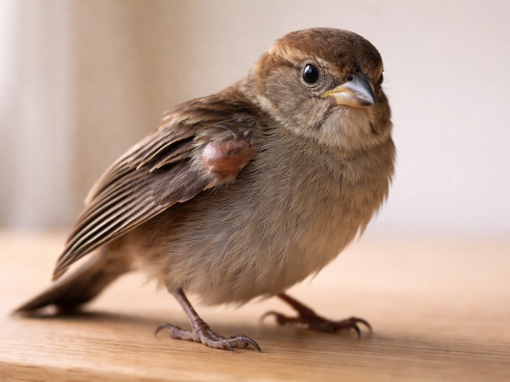 Injured small bird perched on one leg with one wing held unevenly, slight visible swelling near the wing