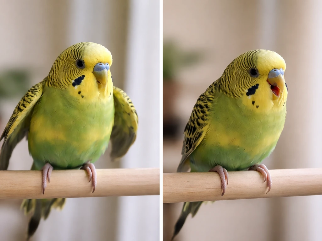 Two views of a small pet bird: calm short flapping vs warning signs like open-beak breathing and tail bobbing