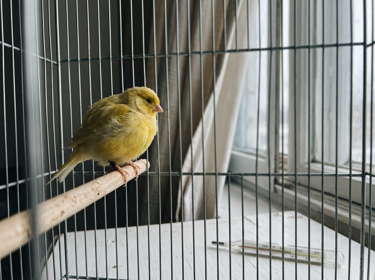 Shivering bird with feathers puffed near a draft and nearby thermometer.
