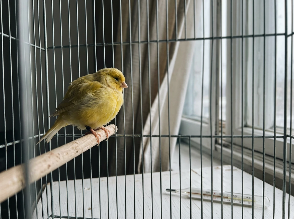 Shivering bird with feathers puffed near a draft and nearby thermometer.