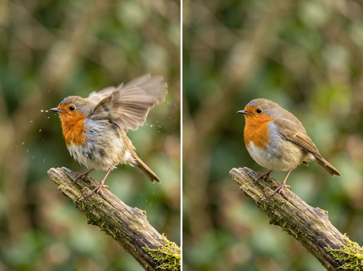 Bird shakes wings briefly after bathing/preening, then settles.