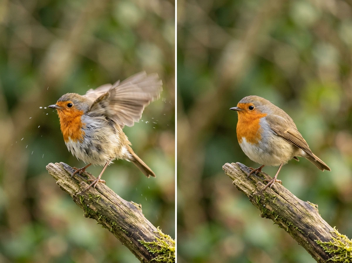 Bird shakes wings briefly after bathing/preening, then settles.