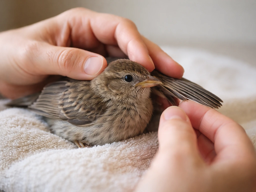 A small bird resting on a towel while a caregiver’s hands gently check its head and wing.