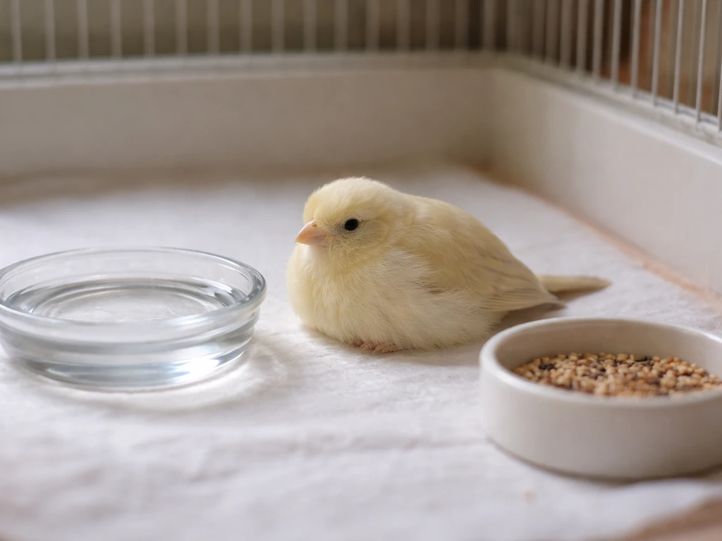 Small pet bird resting low near accessible water and food, fluffed but alert, suggesting weakness.