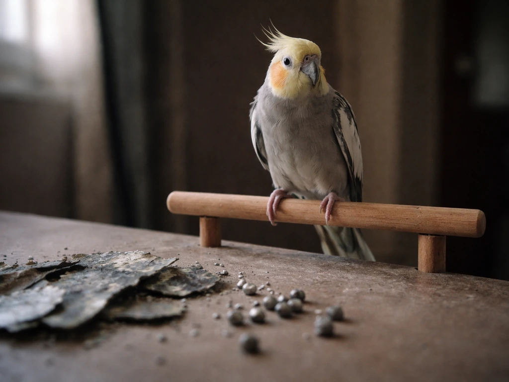 Close-up of a cockatiel perched near weathered metal pellets and peeling paint, suggesting lead exposure risk.