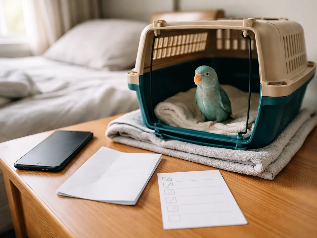 An avian travel carrier with an alert small bird, plus an emergency contact note and checklist card on a bedside table.