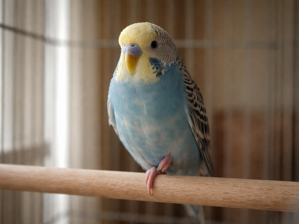 Pet bird perched, tucking one foot up while alert and resting.