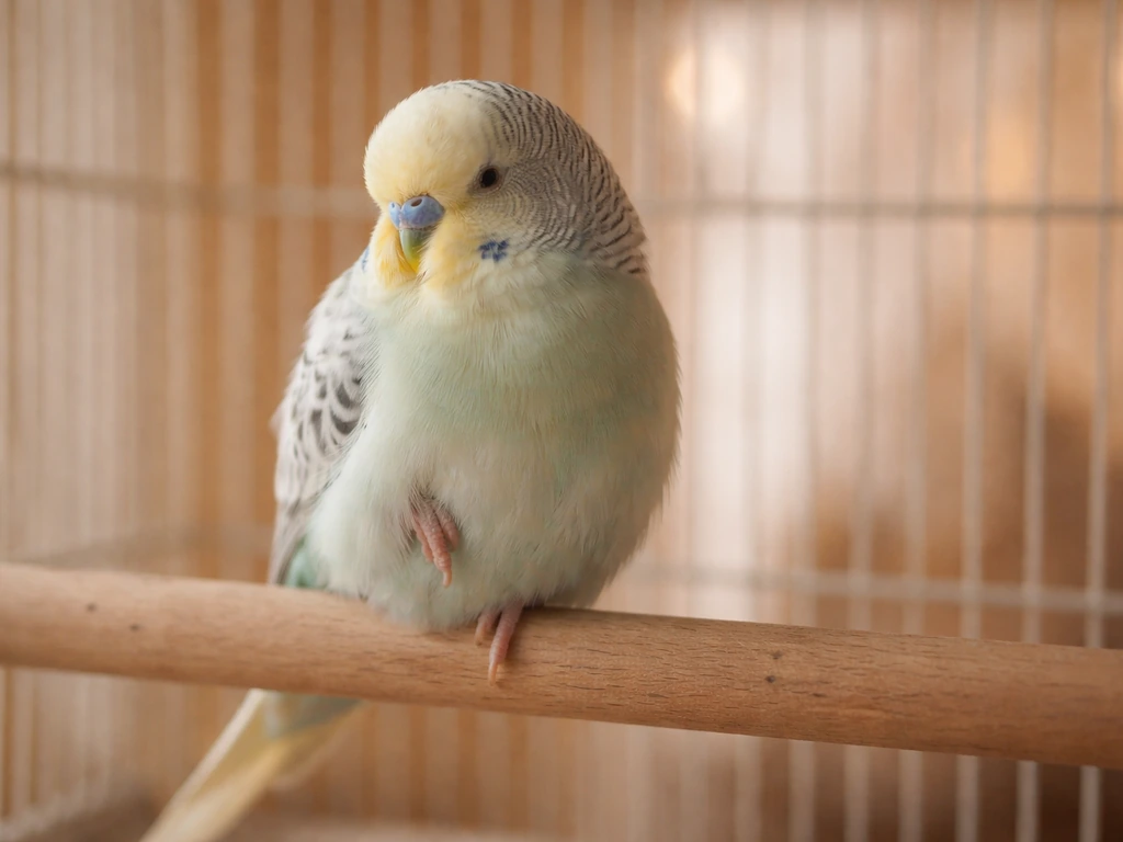 Calm pet bird perched on a dowel, resting with one foot tucked up.