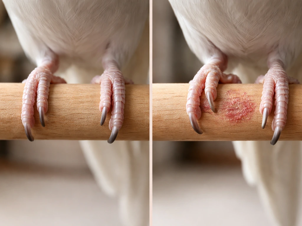 Close-up of bird feet on two perches showing healthy vs slightly abnormal foot pad contact area.