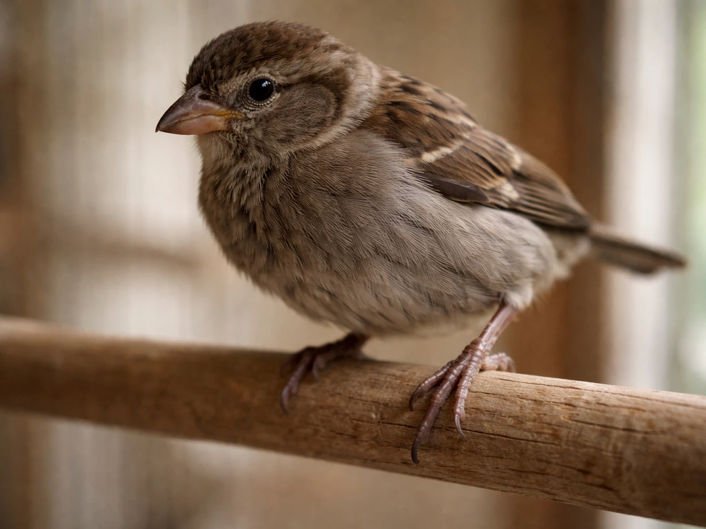 Small pet bird perched with one foot held back, showing leg stiffness and reluctance to grip.
