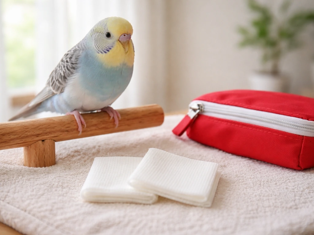 Small pet bird on a perch with clean gauze and first-aid supplies beside its foot on a towel.