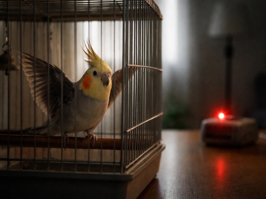Small pet bird inside a cage, alert and tense as an unfamiliar object sits nearby.