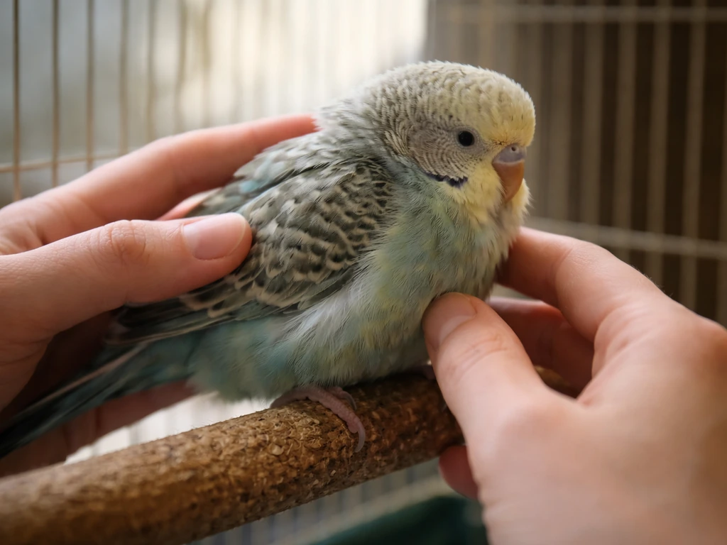 Close-up of a small pet bird shielding a wing while a caregiver gently checks it near the cage.