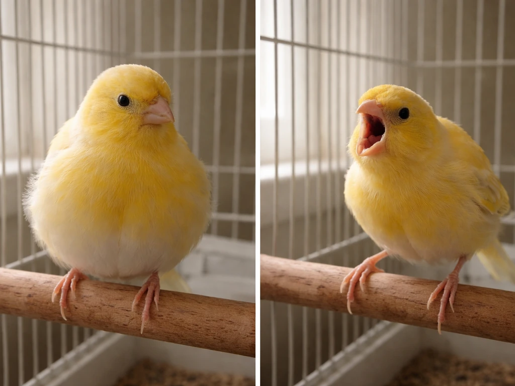 A pet bird shows relaxed normal posture on one side and tense screaming posture on the other.