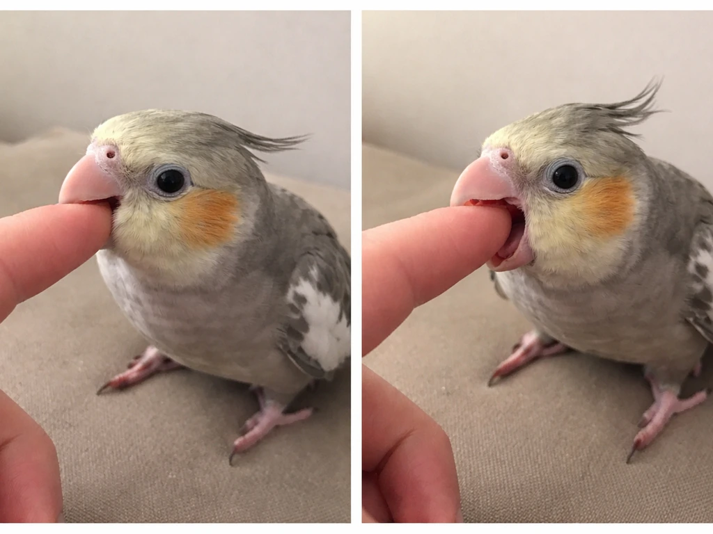 Two-panel close-up: a bird gently mouthing a finger vs tense sudden hard biting posture.