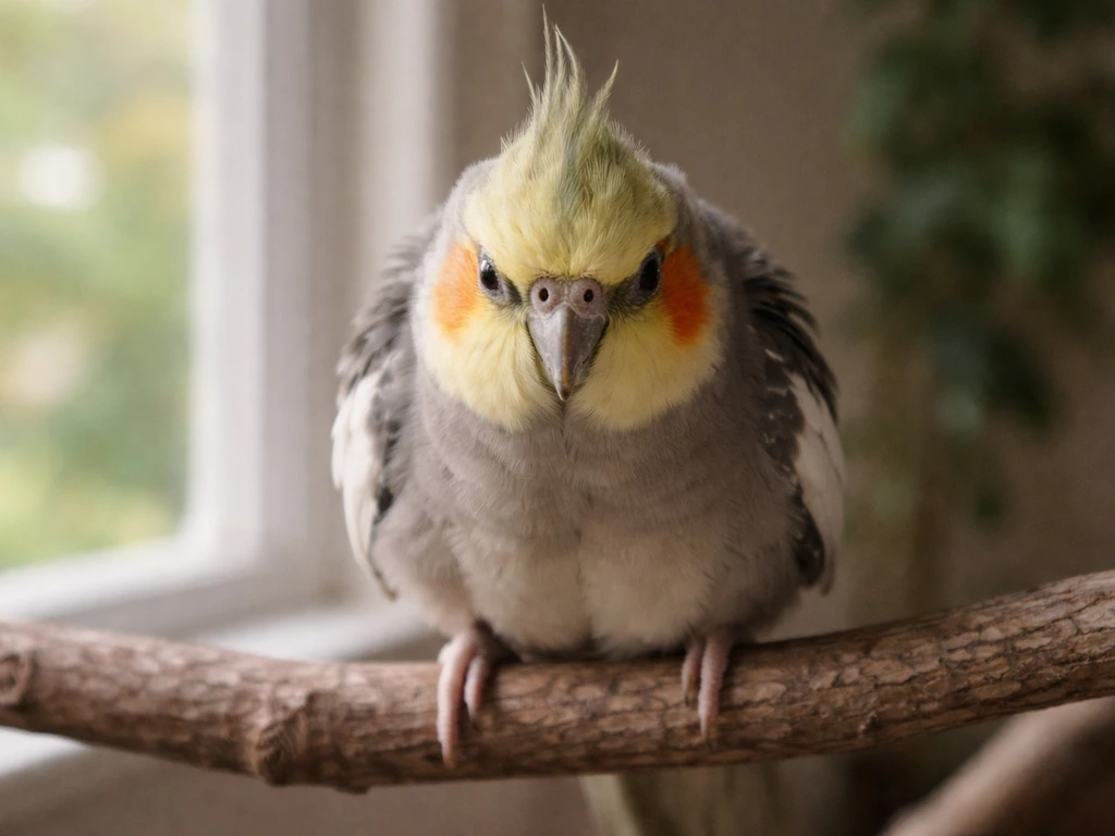 Close-up of a small pet bird with slightly pinned eyes and subtly tense, fluffed posture on a wooden perch.
