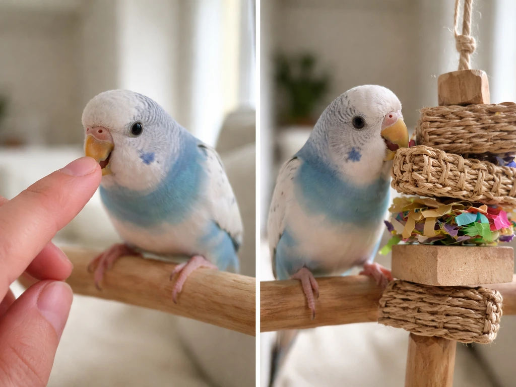 Small bird gently nipping a handler’s fingertip while nearby a simple perch and chew toy suggest healthy chewing