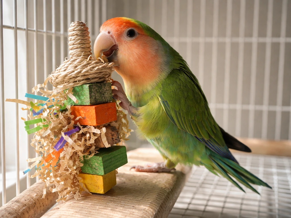 Close-up of a small pet parrot chewing a cage-safe chew toy in a quiet, clean enclosure