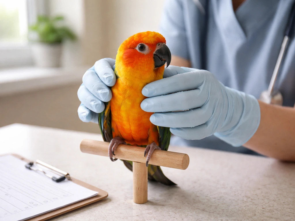 Gloved vet hands gently support a pet bird during a calm, noninvasive exam in a clean clinic room.
