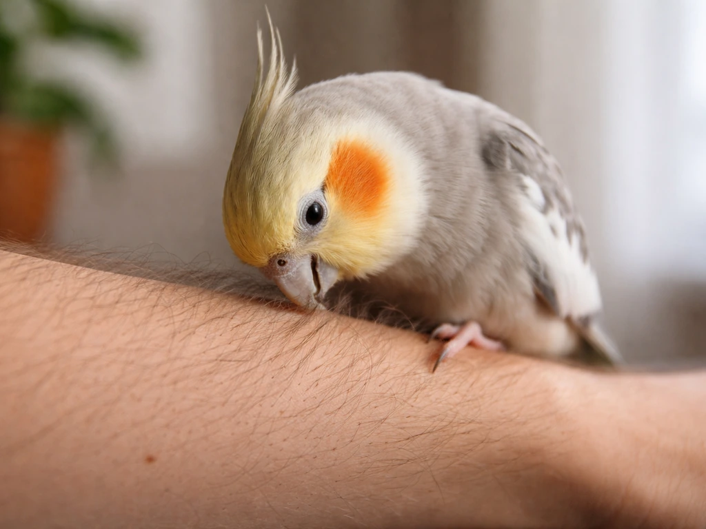 Close photo of a small bird gently preening fine hairs on a person’s forearm