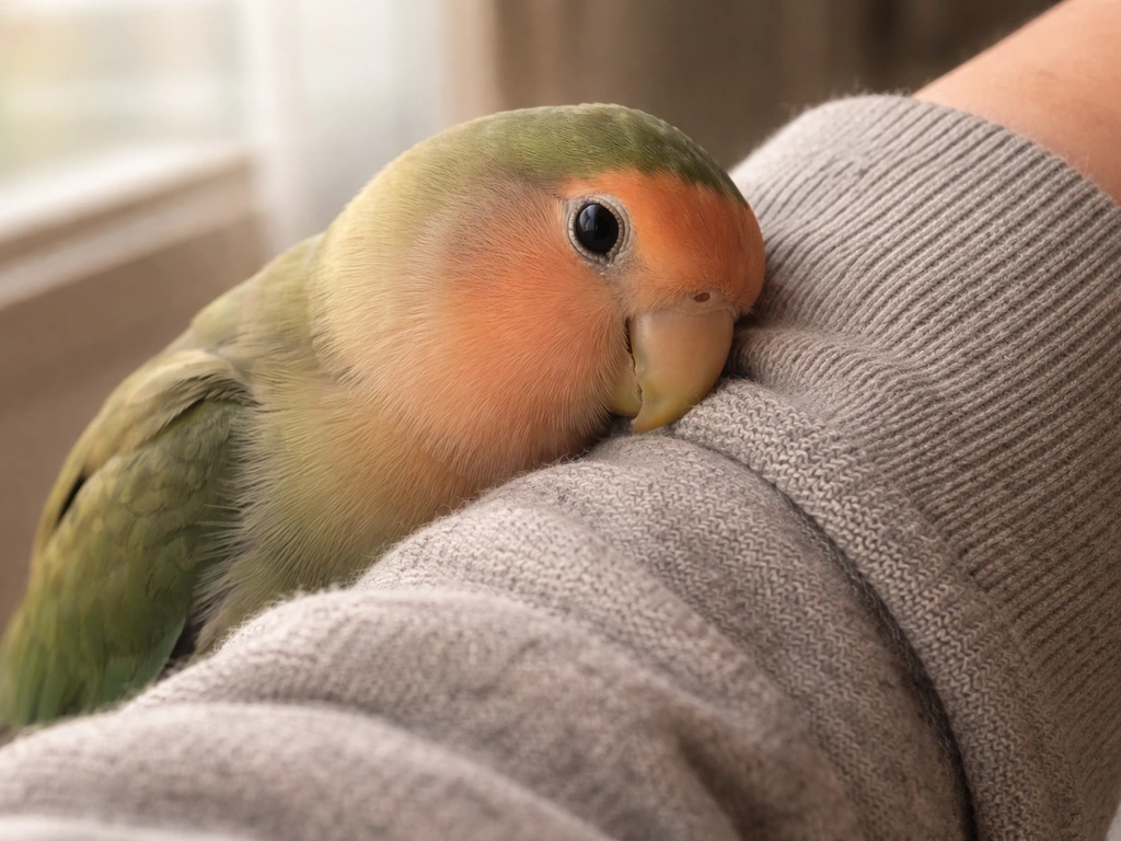 Close-up of a small parrot rubbing its cheek against a person’s forearm for comfort.