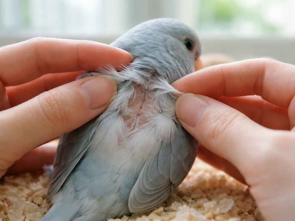 Close-up of a bird’s smooth feathers being gently checked beside clean bedding in a smoke-free area