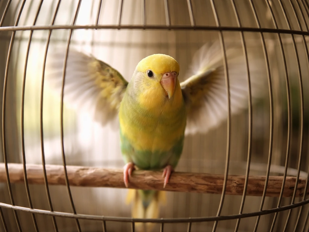 Small pet bird perched in a cage, mid-wing flap, warm natural light, minimal indoor background.