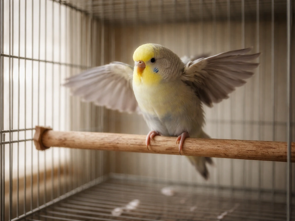Small caged bird on a perch with wings extended, lightly flapping as exercise or stretching.
