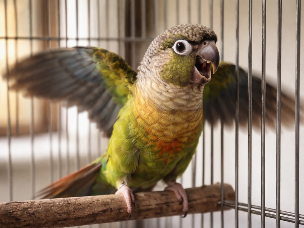 Small parrot in a cage flapping near bars with open beak and noticeable tail movement, showing abnormal behavior.
