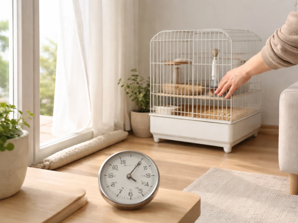 Thermometer near a bird cage and cage gently moved away from drafts in a bright room.
