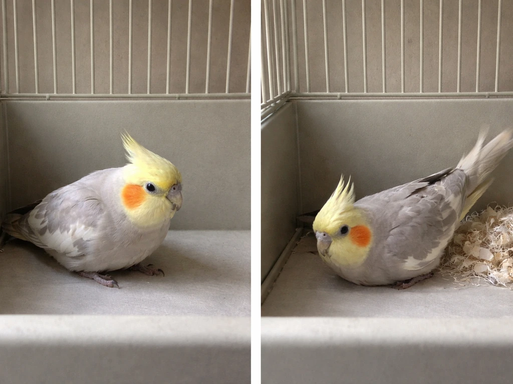 Split view of a pet bird pre-laying posture vs nesting and vent/tail pumping behavior in a cage.