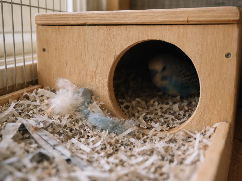 Budgerigar tucked inside a cage nest box lined with shredded paper and soft nesting material.