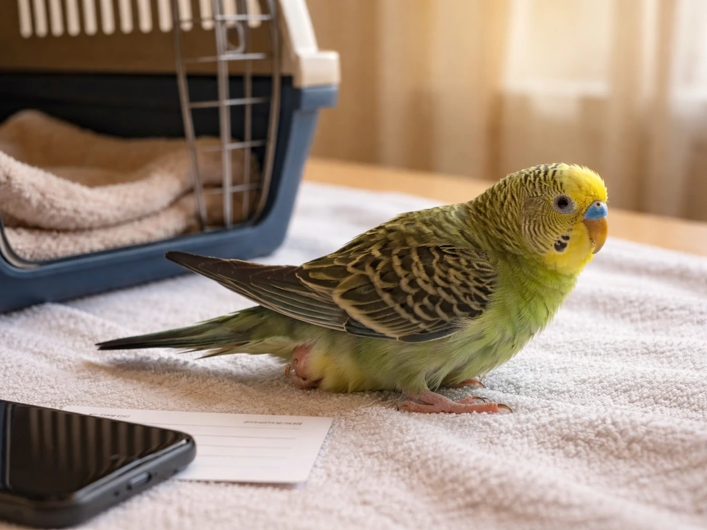 Small pet bird straining on a towel, with an open carrier and generic vet appointment materials nearby.