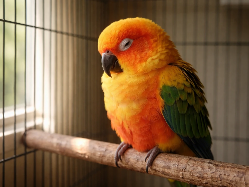 A colorful parrot resting on a perch inside its cage in soft daylight, calm and sleepy mood.