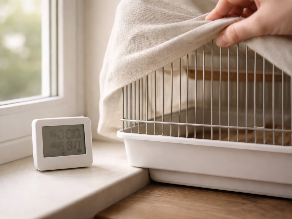 Close-up of a bird cage area with a small thermometer/hygrometer and a cover adjustment for draft safety.