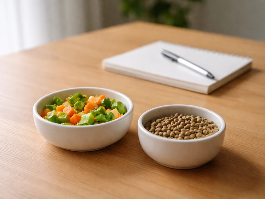 Pellets and fresh chopped vegetables beside a blank notepad and pen for weekly bird wellness monitoring.