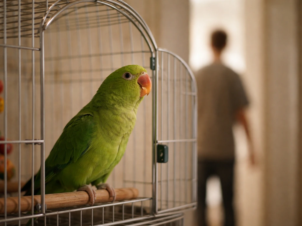 Green parrot vocalizing at an open cage door as someone enters or leaves a doorway.