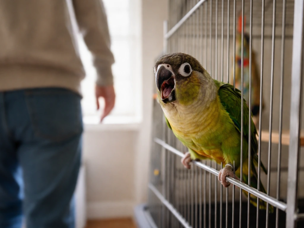 Pet parrot perched at its cage door vocalizing while a person steps out of frame.